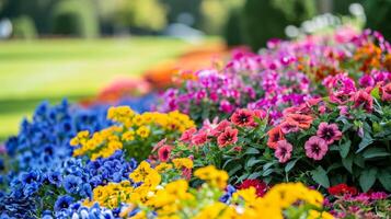 AI generated Multi-colored flower bed in the park. Outdoor summer gardening. photo