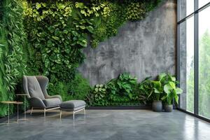 AI generated Green plants wall with vertical garden in home interior. Theme of vegetation, nature and eco design. photo