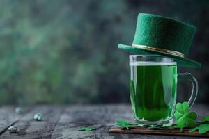 AI generated Celebrating Saint Patricks day in Ireland with a glass of green beer. St Patricks day background. photo