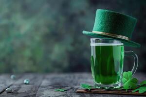 ai generado celebrando Santo patricks día en Irlanda con un vaso de verde cerveza. S t patricks día antecedentes. foto