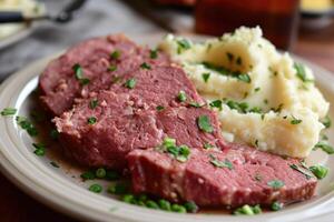 ai generado acecinado carne de vaca es servido con machacado papas. foto