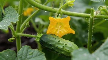 AI generated Young plant cucumber with yellow flowers. Juicy fresh cucumber close-up macro on a background of leaves. photo