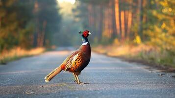 ai generado Faisán en pie en el la carretera cerca bosque a temprano Mañana o noche tiempo. la carretera peligros, fauna silvestre y transporte. foto