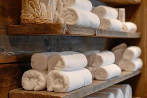AI generated Shelf with towels at hotel spa. photo