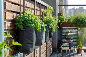 AI generated Modern vertical lush herb garden planter bags hanging on city apartment balcony wall. Balcony herb garden concept. photo