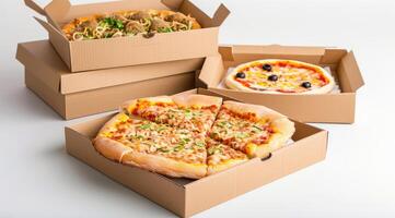 AI generated Catering boxes, bakery boxes, closed pizza boxes, and food boxes, on a white background. photo