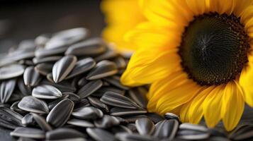 AI generated Organic sunflower seeds and flowers on wooden table photo