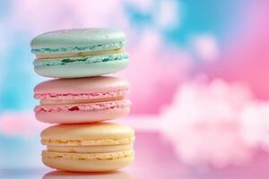 AI generated Colorful macarons cakes on pastel background photo