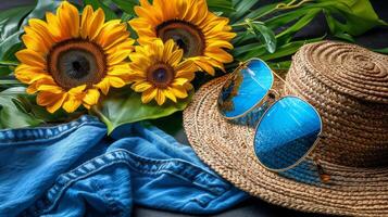 AI generated Sun Hat, Sunglasses, Sunflowers on Blanket photo