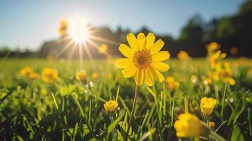 AI generated Field of Yellow Flowers With Sun photo