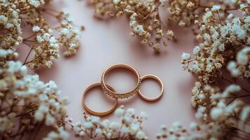 ai generado dos oro Boda anillos en flores foto