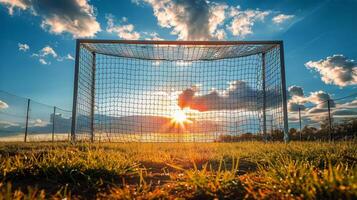 ai generado fútbol objetivo en campo foto