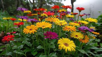 AI generated Three Orange and Yellow Flowers on Blue Background photo
