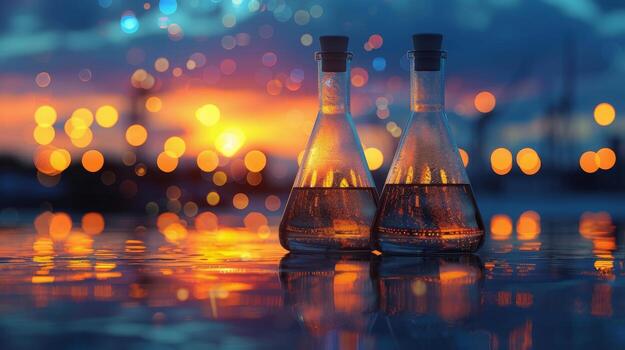 AI generated Two Flasks Filled With Liquid on Table photo