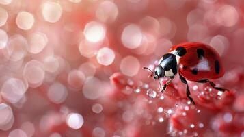 ai generado mariquita encaramado en rojo superficie foto