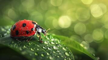 ai generado mariquita encaramado en rojo superficie foto