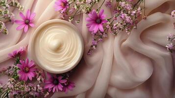 AI generated Bowl of Cream Surrounded by Pink Flowers photo