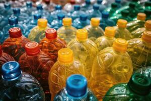 AI generated Empty colored carbonated drink bottles. Plastic waste photo