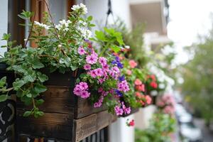 ai generado vistoso flores creciente en cajas colgando en balcón cerca foto