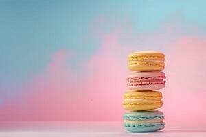 ai generado vistoso macarons pasteles en pastel antecedentes foto