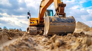 AI generated An excavator in the sand at a construction site. photo