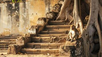 ai generado mono relajante en escalera con un árbol detrás él, en el estilo de budista Arte y arquitectura. foto