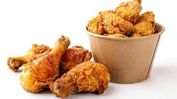 AI generated Collection of golden brown and crispy roasted Fried chicken served on a brown paper bucket isoalted on white background. photo