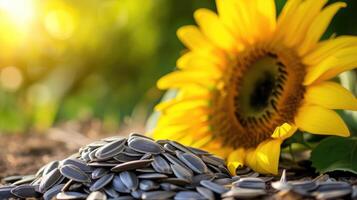 AI generated Organic sunflower seeds and flowers on wooden table photo