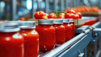 ai generado automatizado transportador línea o cinturón en moderno tomate pegar en vaso frascos planta o fábrica producción. foto