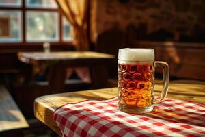 ai generado pub interior, un jarra de cerveza en parte superior de un de madera mesa cubierto con rojo y blanco a cuadros Manteles foto