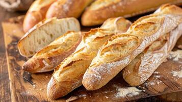 AI generated Chopped loaves of freshly baked french baguette bread on wooden table. photo