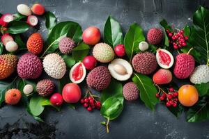 AI generated Assortment of tasty and fresh litchi exotic fruits. photo