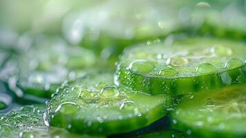 AI generated Sliced Cucumbers and Mints on Green Surface photo