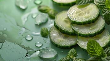 AI generated Sliced Cucumbers and Mints on Green Surface photo