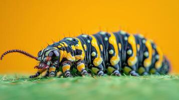 AI generated Close Up of a Caterpillar on Green Surface photo