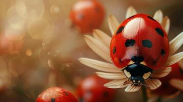 ai generado mariquita encaramado en rojo superficie foto