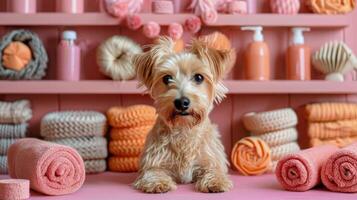 AI generated Small Dog Sitting in Front of Shelf of Towels photo