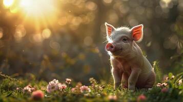 ai generado pequeño cerdo en pie en parte superior de rosado superficie foto