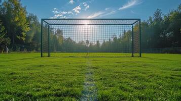 ai generado fútbol objetivo en campo foto