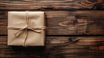 AI generated Wrapped Present on Wooden Table photo