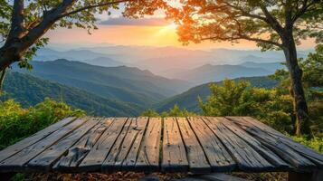 AI generated Wooden Table Overlooking Mountains photo