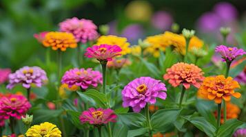 AI generated In a flower bed in a large number various zinnias grow and blossom. photo