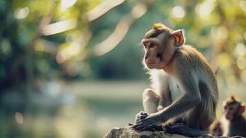 ai generado hermosa mono gasto hora en naturaleza. foto