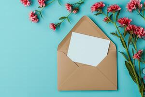 AI generated Spring flowers and envelope over blue background photo