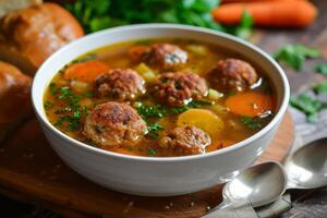 AI generated Vegetable soup with meatballs. photo