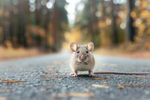 ai generado ratón en pie en el la carretera cerca bosque a temprano Mañana o noche tiempo. la carretera peligros, fauna silvestre y transporte. foto