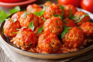 ai generado delicioso hecho en casa pollo o Turquía albóndigas con arroz, vegetal y tomate salsa. foto