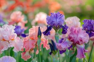 ai generado hermosa iris flores en el jardín. hermosa verano iris flores foto