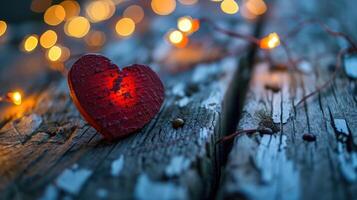 AI generated Red heart on wood with light on background. photo