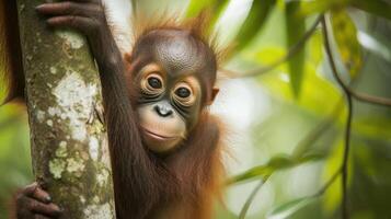 AI generated Baby orangutan in his natural environment in the rainforest photo